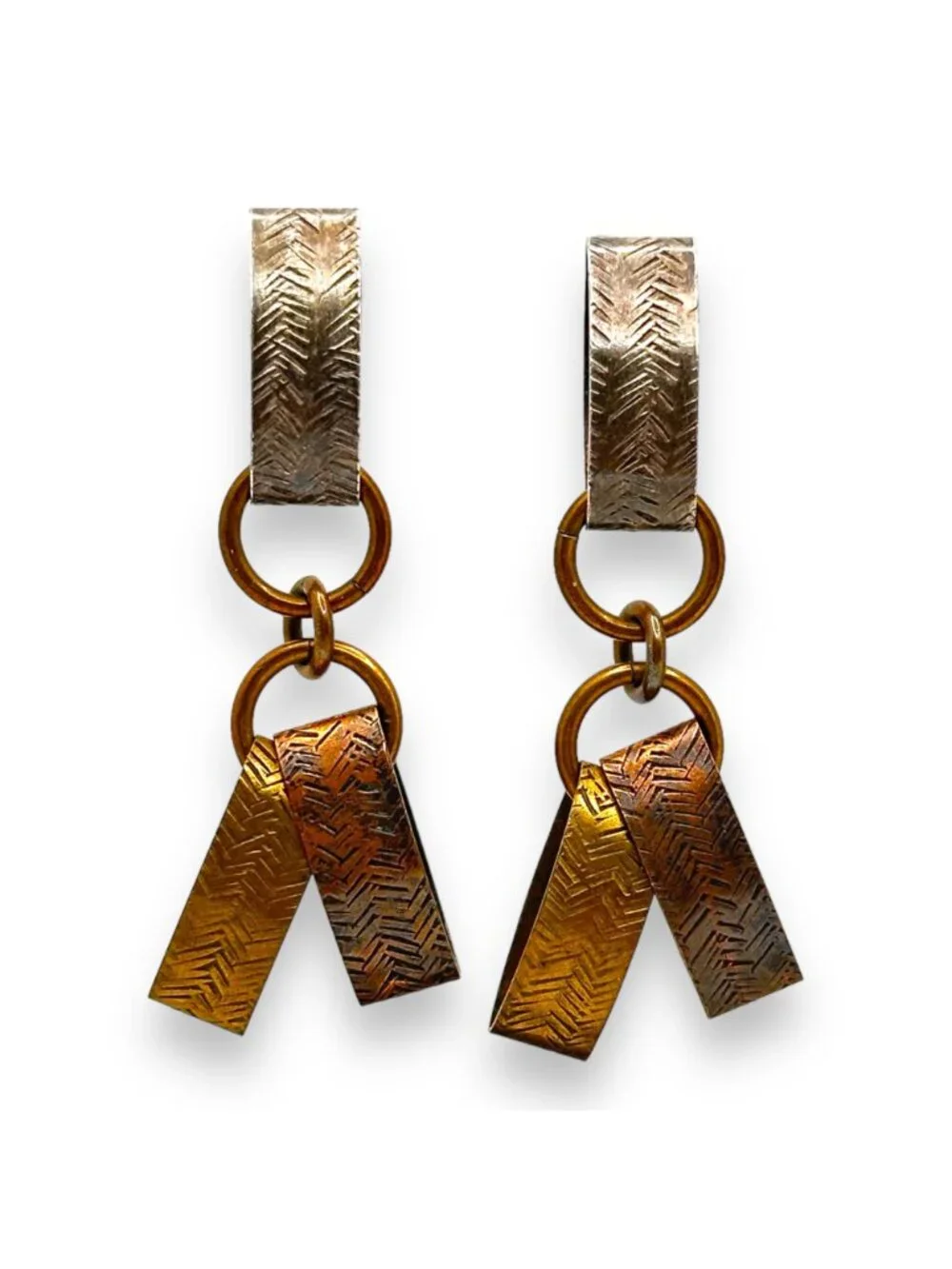 Vintage MB SF Brass & Sterling Silver Loop Dangle Earrings With Chevron Pattern